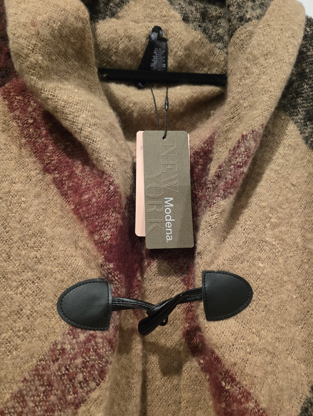 Modena New York Cozy Hooded Plaid Poncho in Camel, Black & Burgundy - Picture 3 of 6